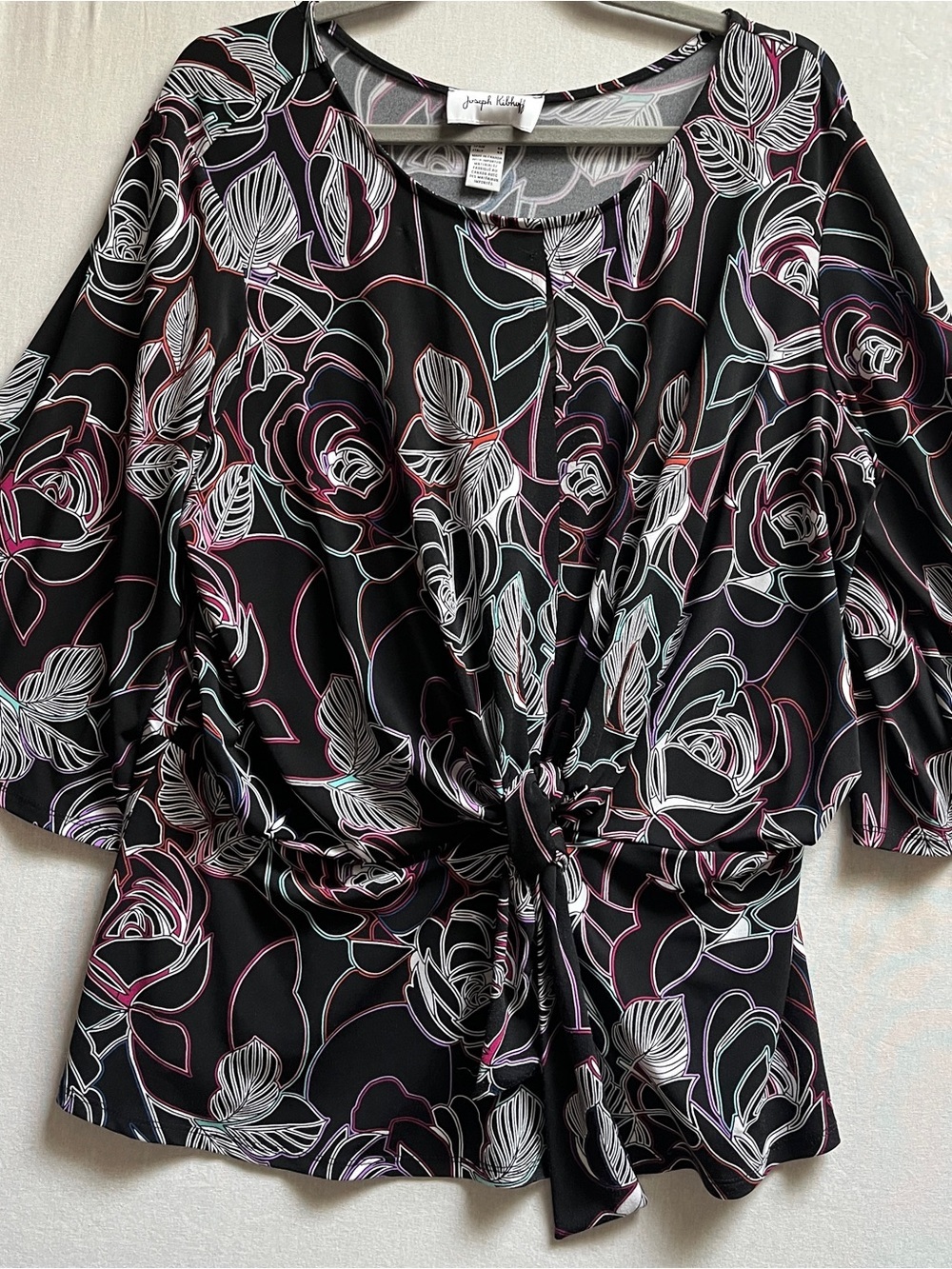 Joseph Ribkoff Black Floral Knot Front Short Sleeve Blouse Top 14